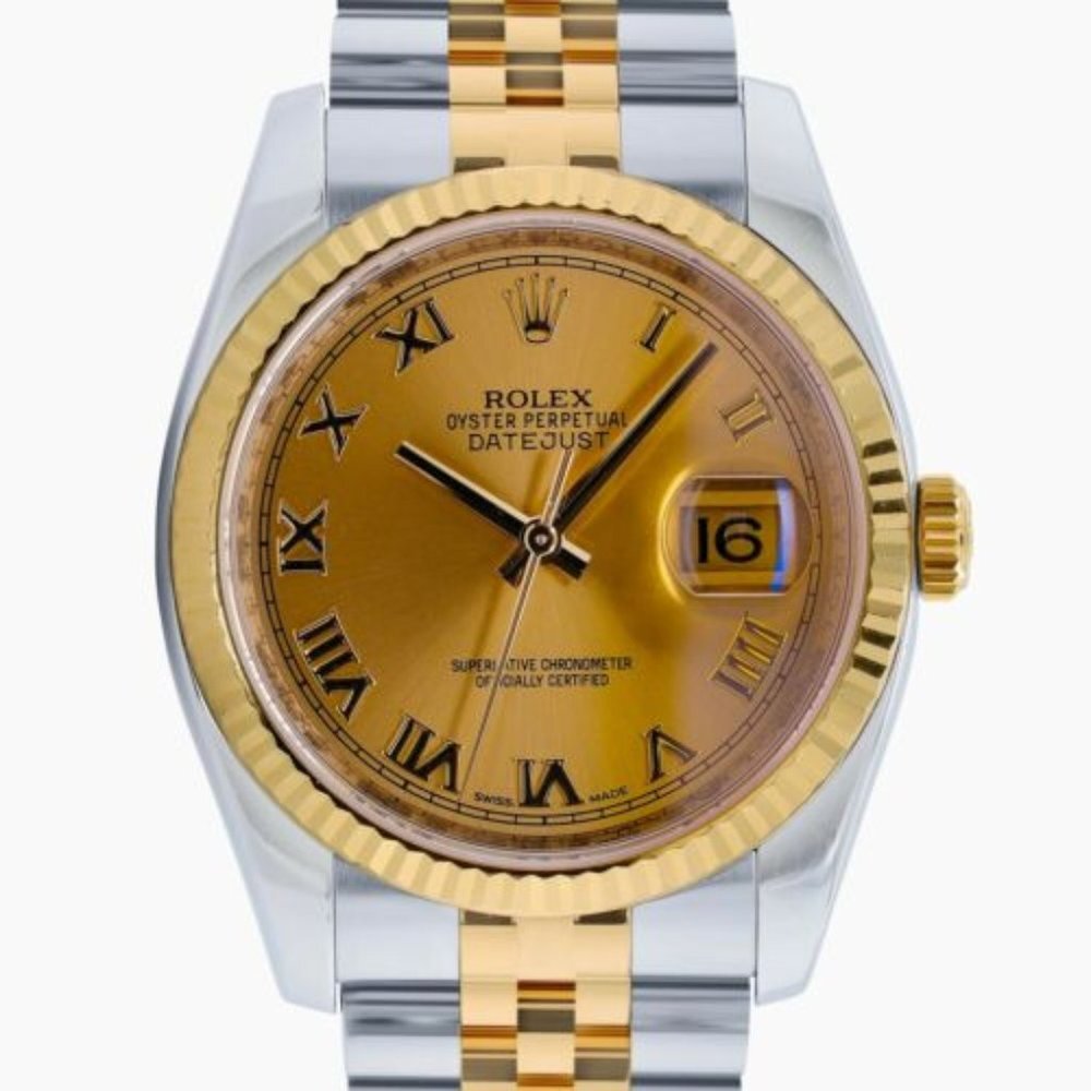 ROLEX DATEJUST 36 MM CHAMPAGNE ROMAN DIAL 18K GOLD & STEEL FLUTED JUBILEE 116233